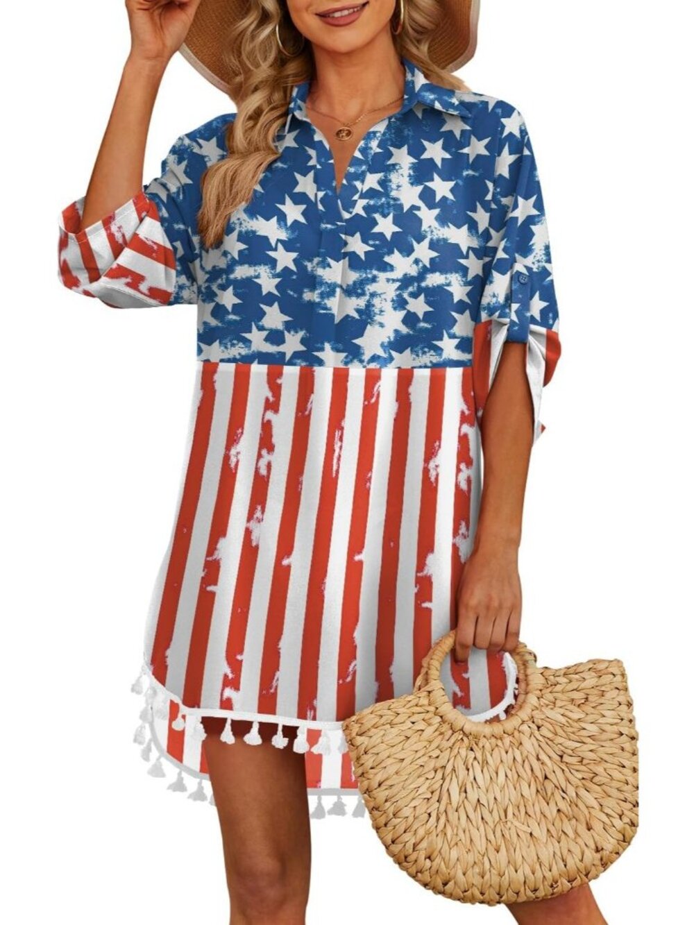 Women's American Flag Polyester Cover Up Tassel Swimsuit Beachwear Swimwear